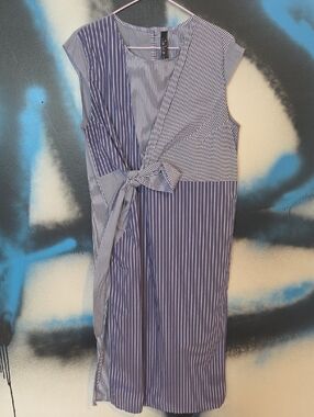 Sleeveless Blue Striped Tie-Waist Dress